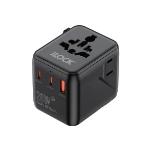 iLOCK WORLD TRAVEL ADAPTER, 20W GaN TECH, Mini Size Travel Adapter With 2 AC Sockets