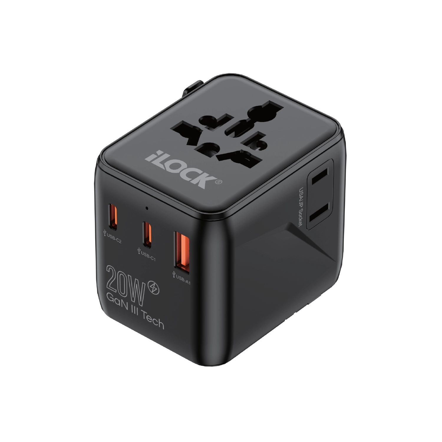 iLOCK WORLD TRAVEL ADAPTER, 20W GaN TECH, Mini Size Travel Adapter With 2 AC Sockets - Image 1